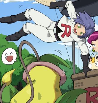  1boy 1girl ? absurdres aircraft black_boots black_eyes black_gloves blue_hair boots commentary earrings english_commentary flowerpigeon forest gen_1_pokemon gloves green_eyes hair_slicked_back highres hot_air_balloon james_(pokemon) jessie_(pokemon) jewelry joseph_joestar_fake_car_(meme) meme meowth nature nintendo outdoors pokemon pokemon_(anime) pokemon_(creature) red_hair short_hair sphere_earrings spoken_expression team_rocket team_rocket_uniform tree victreebel 
