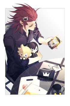  1boy axel_(kingdom_hearts) bag black_hair black_shirt blonde_hair border character_doll collarbone commentary_request cup doll from_above hair_ornament hair_slicked_back hairclip handbag highres kingdom_hearts kingdom_hearts_358/2_days long_hair male_focus red_hair roxas shirt sideburns sitting solo srum_su28 table white_border xion_(kingdom_hearts) 