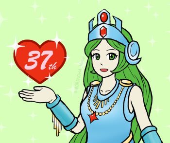  1girl anniversary blue_dress collarbone dress green_background green_eyes green_hair heart kid_icarus kid_icarus_(nes) moegi_morinoha nintendo palutena solo sparkle twitter_username upper_body 