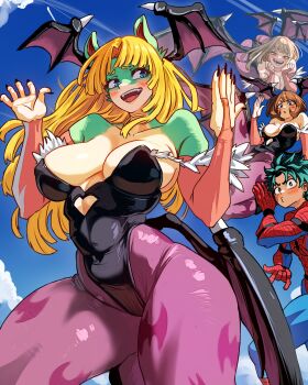  2girls :o animal_ears animal_print ass bare_shoulders bat_print blonde_hair blue_sky blush boku_no_hero_academia breasts brown_eyes brown_hair capcom colored_skin cosplay covered_erect_nipples darkstalkers day demon_wings detached_sleeves fangs fingernails floating_hair flying furry green_hair green_skin huge_breasts illusion ippan_josei large_breasts long_hair looking_down marvel marvel_vs._capcom midoriya_izuku morrigan_aensland multiple_girls open_mouth sharp_fingernails sky smile spider-man spider-man_(series) thigh_grab toga_himiko uraraka_ochako vlizz wings yellow_eyes 