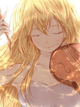  1girl blonde_hair bow_(music) closed_eyes closed_mouth collarbone commentary_request dress hair_between_eyes holding holding_bow_(music) holding_instrument holding_violin instrument light_blush long_hair miyazono_kawori portrait ribaton1213 shigatsu_wa_kimi_no_uso smile solo sparkle strapless strapless_dress violin white_dress 