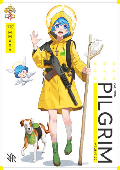  1other androgynous angel angel_wings artist_logo assault_rifle backpack bag bandaged_leg bandages bandaid bandaid_on_face bandaid_on_leg bandaid_on_nose bird black_bag blue_eyes blue_hair coat cross cross_necklace dog dove drawstring english_text full_body green_footwear gun halo highres hiroki_ree holding holding_staff holy_hand_grenade hood hood_up hoodie jewelry jubilee_2025 latin_text logo long_sleeves looking_at_viewer luce_(jubilee_2025) necklace rifle short_hair sig_sg552 simple_background staff weapon white_background white_wings wings yellow_coat yellow_halo  rating:General score:26 user:danbooru