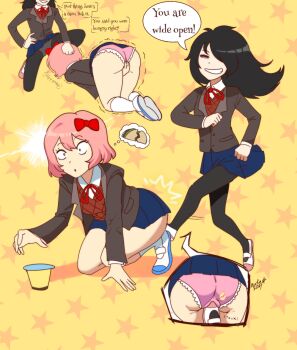  2girls asuka2004 black_hair cameltoe crotch_kick cunt_punt doki_doki_literature_club female_pervert femdom groin_attack groin_kick highres kuroki_tomoko multiple_girls pain panties pervert pink_hair sayori_(doki_doki_literature_club) taco underwear watashi_ga_motenai_no_wa_dou_kangaetemo_omaera_ga_warui! 