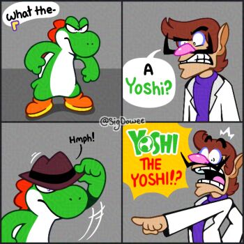 1boy bad_tag large_nose brown_hair commentary cosplay english_commentary facial_hair fedora hat heinz_doofenshmirtz heinz_doofenshmirtz_(cosplay) lab_coat mario_(series) mustache nintendo perry_the_platypus perry_the_platypus_(cosplay) phineas_and_ferb pointy_ears purple_shirt shirt short_hair sigdowee waluigi yoshi yoshi_egg 