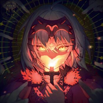  1girl absurdres armor armored_dress black_cloak black_dress breasts chain cloak collar commentary_request cross dress fate/grand_order fate_(series) fire fur-trimmed_cloak fur_trim gauntlets grey_hair headpiece highres jeanne_d'arc_alter_(avenger)_(fate) jeanne_d'arc_alter_(fate) large_breasts looking_at_viewer metal_collar mutai4649 short_hair solo yellow_eyes 