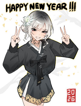  1girl 2026 absurdres black_dress black_eyes black_ribbon breasts cowboy_shot double_v dress flower gradient_hair grey_hair grin hair_between_eyes hair_flower hair_ornament hands_up happy_new_year highres jyuri_(shouz) large_breasts long_hair long_sleeves looking_at_viewer multicolored_hair neck_tattoo new_year original parted_bangs ribbon shouz smile solo tattoo v white_background 