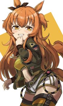  1girl absurdres amamoru_21 animal_ears belt blush bomber_jacket bow breasts brown_ribbon commentary_request crop_top dog_tags ear_bow ear_ribbon green_belt green_jacket grin hair_between_eyes highres horse_ears horse_girl horse_tail jacket long_hair long_sleeves looking_at_viewer mayano_top_gun_(scramble_zone)_(umamusume) mayano_top_gun_(umamusume) midriff navel open_clothes open_jacket open_mouth orange_eyes orange_hair orange_tail ribbon shirt shorts smile solo striped_clothes striped_thighhighs tail teeth thighhighs two_side_up umamusume white_shorts yellow_shirt 
