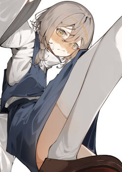  1girl absurdres blue_skirt brown_shoes commentary_request convenient_leg embarrassed hair_between_eyes highres leg_up loafers looking_at_viewer moriya_suwako potato_(comicomi0211) shirt shoes simple_background skirt solo sweatdrop thighhighs touhou white_background white_hair white_shirt white_thighhighs yellow_eyes 