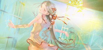  1girl absurdres dress floating_hair gakuen_idolmaster grey_hair hair_ribbon highres idolmaster light_rays light_smile long_hair looking_at_viewer orange_eyes parted_lips ribbon shinosawa_hiro single_bare_shoulder solo sunlight superhoikoro 