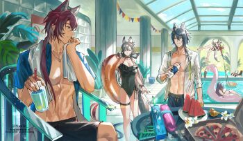  2boys 3girls absurdres animal_ears arknights bikini black_bikini black_hair black_one-piece_swimsuit blue_shirt bottle breasts brown_hair cleavage closed_mouth commentary_request cup demetri_certaldo_(arknights) extra_ears food fruit glass_ceiling highres holding holding_bottle holding_cup holding_swim_ring holding_water_gun indoors innertube jumping lappland_(arknights) large_breasts long_hair male_swimwear multiple_boys multiple_girls nun2o one-piece_swimsuit open_clothes open_shirt penance_(arknights) pizza ponytail pool red_hair shirt short_hair sitting smile standing swim_ring swim_trunks swimsuit tail texas_(arknights) thigh_strap towel vigil_(arknights) water_gun watermelon watermelon_slice white_hair wolf_boy wolf_ears wolf_girl wolf_tail 