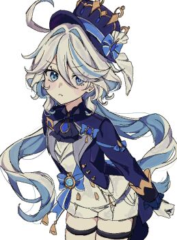  1girl :< ahoge ascot black_ascot black_shirt blue_bow blue_eyes blue_gem blue_hair blue_jacket blue_pupils blue_sash blush bow buttons clenched_hands closed_mouth cowboy_shot drill_hair drill_sidelocks drop-shaped_pupils eyelashes furina_(genshin_impact) gem genshin_impact gloves gold_trim grey_hair hair_between_eyes hat hat_bow hat_ornament heterochromia highres huge_ahoge jacket jewelry lapels long_hair long_sleeves looking_at_viewer low_twintails mismatched_pupils multicolored_hair open_clothes open_jacket pendant sash shirt shorts sidelocks simple_background solo standing symbol-shaped_pupils tassel thigh_strap twintails two-tone_hair v-shaped_eyebrows veil vision_(genshin_impact) wavy_hair white_background white_gloves white_shorts white_veil woolly_(ll_0o0) 