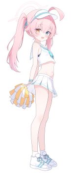 1girl absurdres ahoge blue_archive blue_eyes blush cheerleader full_body hair_between_eyes halo heterochromia highres holding holding_pom_poms hoshino_(blue_archive) long_hair looking_at_viewer navel nonddu open_mouth pink_hair pink_halo pleated_skirt pom_pom_(cheerleading) pom_poms sailor_collar shoes simple_background skirt sleeveless smile socks solo white_background white_sailor_collar white_shoes white_skirt white_socks yellow_eyes rating:Sensitive score:34 user:danbooru