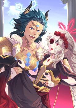  1boy 1girl animal_ears askr_(fire_emblem) bat_ears bat_girl black_dress blue_eyes blue_hair blue_halo breasts bridal_veil brooch choker commentary cow_boy cow_horns dark-skinned_male dark_skin dress embla_(closed-off_bride)_(fire_emblem) embla_(fire_emblem) eyepatch fire_emblem fire_emblem_heroes flower flower_eyepatch gold_trim hair_flower hair_ornament halo highres holding horns jewelry lace-trimmed_eyepatch long_hair looking_at_another mature_female mature_male nintendo official_alternate_costume red_eyes red_flower red_halo red_rose riou_(pooh920) rose small_breasts smile surprised veil white_hair 