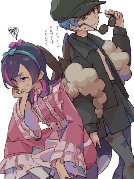 2girls blue_hair closed_mouth commentary_request dot_(pokemon) dress eevee_backpack frilled_dress frills grey_eyes hair_ornament hair_ribbon highres holding holding_removed_eyewear long_hair long_sleeves looking_at_viewer multicolored_hair multiple_girls nintendo penny_(pokemon) pink_dress pink_hair pokemon pokemon_(anime) pokemon_horizons puffy_sleeves purple_eyes purple_hair red_hair ribbon round_eyewear shirt shishimori_aka short_hair simple_background sunglasses sweatdrop two-tone_hair unworn_eyewear white_background