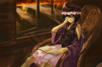  1other androgynous black_hair black_hat black_shirt book buttons chair chinese_commentary closed_mouth collared_shirt commentary commentary_request detached_hood english_commentary feet_out_of_frame frilled_headwear frilled_shorts frills grey_eyes hair_between_eyes hat hood hood_down hooded_jacket indoors jacket jacket_partially_removed len&#039;en light_frown long_sleeves looking_outside mixed-language_commentary mob_cap on_chair one_eye_closed open_book open_window other_focus pink_shorts puffy_shorts purple_jacket road rubbing_eyes shirt shitodo_kuroji short_hair shorts single_bare_shoulder sitting sleepy sleeveless sleeveless_shirt solo street sunset triangular_headpiece wide_sleeves window yancao_(pixiv_103434280) zipper 