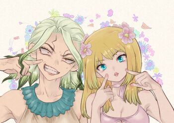  1boy 1girl aqua_eyes bikini blonde_hair blue_eyes breasts cheek_poking choker cleavage cleavage_cutout clenched_teeth clothing_cutout dr._stone eyelashes facial_mark fingersmile floral_background flower gradient_hair green_hair grin hair_flower hair_ornament head_tilt ishigami_senkuu kohaku_(dr._stone) lips long_hair looking_at_viewer makeup medium_hair multicolored_hair nervous_sweating ninomae_gin parted_lips pink_bikini pink_choker pink_flower pink_lips pointing pointing_at_self poking red_eyes ribbon_choker sanpaku siblings smile sweat swimsuit teardrop teeth two-tone_hair upper_body veins 