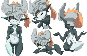  1girl ass back breasts closed_mouth collarbone colored_sclera colored_skin commentary_request crossed_arms fang from_behind half-closed_eyes helmet highres long_pointy_ears looking_at_viewer lying midna multicolored_skin multiple_views narrowed_eyes nasu_(ilo_a5) navel nintendo no_nipples no_pussy nude on_stomach one_eye_covered open_mouth orange_hair pointy_ears red_eyes shortstack simple_background sitting small_breasts smile standing teeth the_legend_of_zelda the_legend_of_zelda:_twilight_princess thighs two-tone_skin white_background wide_hips yellow_sclera 