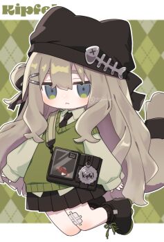  1girl :< akikan_sabako animal_ear_headwear animal_ears animal_hat aqua_eyes argyle_background artist_name bag bag_charm bandaged_leg bandages bandaid bandaid_on_knee bandaid_on_leg beanie black_bow black_necktie black_ribbon black_shoes black_skirt black_socks blue_eyes blush boots border bow brown_hair cat_ears cat_girl cat_hat cat_tail character_name charm_(object) chibi closed_mouth collared_shirt commentary_request expressionless eyebrows_hidden_by_hair fake_animal_ears full_body green_background green_eyes green_shirt green_sweater green_vest hair_between_eyes hair_bun hair_ornament hair_ribbon hairclip hat highres jumping kipfel_(vrchat) legs_up letterboxed long_hair long_sleeves looking_at_viewer loose_socks miniskirt necktie one_side_up outline outside_border pleated_skirt puffy_long_sleeves puffy_sleeves ribbon shirt shoes short_eyebrows shoulder_bag sidelocks signature single_hair_bun single_side_bun skirt sleeves_past_wrists socks solo sticker sweater sweater_vest tail tail_bow tail_ornament tail_ribbon thick_eyebrows tie_clip twitter_username very_long_hair vest vrchat watermark white_border white_outline 