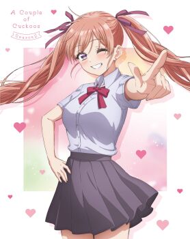  1girl ;d absurdres amano_erika black_skirt blu-ray_cover border breasts collared_shirt commentary_request copyright_name cover cowboy_shot earrings grey_shirt grin hair_ribbon hand_on_own_hip heart heart_background highres jewelry kakkou_no_iinazuke large_breasts long_hair neck_ribbon official_art one_eye_closed open_mouth orange_hair outside_border pleated_skirt pointing purple_eyes red_ribbon ribbon school_uniform shirt skirt smile solo twintails white_border 