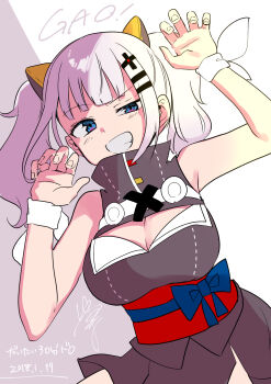  1girl blue_bow blue_eyes bow breasts claw_pose cleavage cleavage_cutout clothing_cutout commentary_request dated highres kaguya_luna large_breasts long_hair looking_at_viewer signature solo the_moon_studio twintails virtual_youtuber white_hair yuama 