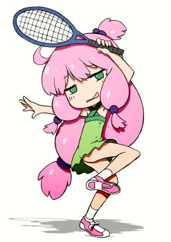  1girl ahoge aqua_eyes ass beeru_(veil8801) commentary_request deformed dress flat_chest full_body green_dress hair_bobbles hair_ornament highres holding holding_tennis_racket long_hair low-tied_long_hair low-tied_sidelocks no_nose one_side_up open_mouth pink_hair racket shadow shinjou_kanae_(teekyuu) short_dress sidelocks simple_background socks solo teekyuu tennis_racket white_background white_socks  rating:Sensitive score:1 user:danbooru