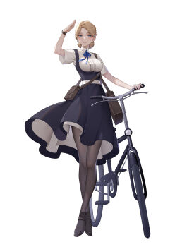  1girl absurdres arm_up bag belt bicycle black_dress black_pantyhose blonde_hair blue_eyes blue_ribbon blue_skirt breasts brown_bag center_frills collared_shirt crossed_legs dress erika_(sebastian_z) facing_viewer forehead frills full_body grey_pantyhose handbag highres large_breasts looking_at_viewer medium_breasts neck_ribbon open_mouth original pantyhose parted_bangs parted_lips petticoat ribbon salute shirt shoes short_hair short_sleeves shoulder_bag simple_background skirt sleeveless sleeveless_dress slip_showing smile solo standing suspender_skirt suspenders underbust watch watson_cross weapon white_background white_belt white_shirt wristwatch wsfw 