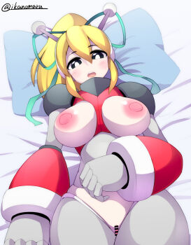  1girl :d aged_up android antennae arm_behind_back arm_up armor arms_up bikini bikini_armor black_gorget blonde_hair blue_background blue_eyes blush bodysuit breastplate breasts censored commentary_request cowboy_shot earphones gorget green_eyes green_ribbon grey_bodysuit hair_between_eyes hair_ribbon hairband hand_on_own_stomach headphones high_ponytail hyper_roll_(marvel_vs._capcom) ikanomaru joints large_breasts long_hair looking_at_viewer lying marvel_vs._capcom marvel_vs._capcom_2 mechanical_arms mechanical_legs mega_man_(classic) mega_man_(series) metal_gloves nipples on_back on_bed open_mouth pillow ponytail radio_antenna red_armor red_bikini ribbon robot robot_girl robot_joints roll_(mega_man) shoulder_armor sidelocks simple_background smile solo swimsuit teeth upper_teeth_only variant_set white_background 