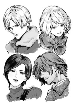  2boys 2girls ada_wong ashley_graham chest_holster collared_shirt commentary_request curly_hair fur_trim greyscale head_tilt highres leon_s._kennedy likeaport luis_sera monochrome multiple_boys multiple_girls popped_collar portrait resident_evil resident_evil_4 resident_evil_4_(remake) scarf shirt short_hair turtleneck 