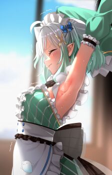 1girl apron armpits arms_up bare_shoulders blurry blurry_background blush bow breasts closed_eyes detached_collar detached_sleeves dress earrings frilled_apron frilled_sleeves frills ghostenjoyerguy7007 gradient_hair green_hair green_sleeves hair_between_eyes hair_ornament highres indie_virtual_youtuber jewelry maid maid_headdress medium_breasts mint_fantome mint_fantome_(minto_2.0) multicolored_hair pointy_ears ribbon short_hair solo sweat trembling triangular_headpiece upper_body virtual_youtuber white_apron white_hair x_hair_ornament rating:Sensitive score:46 user:danbooru