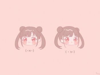  1girl :i blush_stickers brown_background brown_eyes brown_hair chibi closed_mouth double_bun emoticon gameso hair_bun head_only highres idolmaster idolmaster_shiny_colors kaomoji multiple_views simple_background sonoda_chiyoko twintails v-shaped_eyebrows 