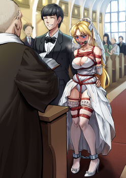 1girl 2boys ankle_cuffs arms_behind_back bdsm black_hair black_suit blonde_hair blue_eyes blush bondage bound breasts bridal_veil clapping cleavage dress faceless faceless_female faceless_male formal_clothes frilled_thighhighs frills full_body gag gagged grin hand_on_another's_hip high_heels highres indoors long_hair medium_breasts multiple_boys original panties people priest restrained root001 shibari short_hair showgirl_skirt smile standing suit thighhighs underwear veil wedding wedding_dress white_dress white_footwear white_panties white_thighhighs wiffle_gag rating:Questionable score:92 user:danbooru