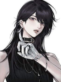  1girl bang_dream! bang_dream!_it's_mygo!!!!! black_choker black_hair black_shirt choker commentary commission ear_piercing earrings glint gloves highres jewelry mole mole_under_eye necklace open_mouth piercing purple_eyes ring second-party_source shiina_taki shirt simple_background siy_(shengxiu760722) sleeveless sleeveless_shirt solo upper_body watermark weibo_watermark white_background white_gloves 