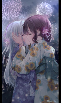 2girls absurdres blue_kimono braid brown_hair closed_eyes commentary_request commission fireworks floral_print floral_print_kimono flower grey_hair hair_flower hair_ornament half_up_braid hand_on_another's_face highres japanese_clothes kimono kiss multiple_girls night obi original pillarboxed pink_flower print_kimono purple_kimono sash sena_(sena_soar) yuri 