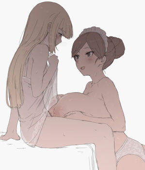 1futa 1girl arm_support blonde_hair blush breasts brown_eyes brown_hair cum cum_on_body cum_on_breasts cum_on_upper_body eye_contact from_side futa_with_female futanari futanari-sama_(mdf_an) hair_bun hair_bun_maid_(mdf_an) huge_breasts lace lace_panties lifting_own_clothes long_hair looking_at_another maid_headdress mdf_an nightgown nightgown_lift nipples open_mouth original paizuri panties short_hair simple_background single_hair_bun sitting small_breasts sweat underwear white_background white_nightgown white_panties yuri rating:Explicit score:675 user:danbooru