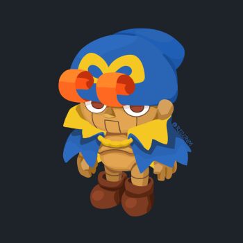 1boy artist_name beanie black_background blue_capelet blue_hat brown_eyes brown_shoes capelet chibi chibi_only closed_mouth commentary_request doll full_body geno_(mario) hat looking_at_viewer male_focus mario_(series) nintendo rizu_(rizunm) shoes simple_background solo standing super_mario_rpg 