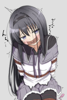 1girl absurdres akemi_homura akemi_homura_(magical_girl) arms_behind_back bdsm black_collar black_hair black_hairband black_pantyhose blush bondage bound bound_arms bound_legs bound_thighs bound_torso capelet collar crying crying_with_eyes_open dress_shirt facing_viewer frilled_skirt frills from_above gag gagged grey_background grey_skirt hair_between_eyes hair_intakes hairband highres improvised_gag japanese_text legs_tied_together legs_together loli long_hair long_sleeves looking_at_viewer magical_girl mahou_shoujo_madoka_magica messy_hair pale_skin pantyhose purple_eyes purple_ribbon reno_3tomato ribbon rope scared sex_toy shibari shibari_over_clothes shirt sitting skirt sound_effects tape tape_gag tears very_long_hair vibrator vibrator_cord vibrator_under_clothes white_shirt