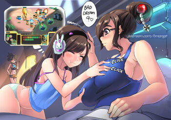  3girls :t bare_shoulders beads blizzard_(company) blush breasts brown_eyes brown_hair brushing_teeth camisole closed_eyes company_connection d.va_(overwatch) dreaming earmuffs english_text glasses grabbing_another's_breast groping hair_bun hair_ornament hair_stick hand_on_own_hip headband headpat hm_(hmongt) huge_breasts long_hair looking_at_another marine_(starcraft) mei_(overwatch) multiple_girls overwatch overwatch_1 panties pout short_hair shorts siege_tank_(starcraft) single_hair_bun sleepwalking sound_effects speech_bubble starcraft strap_slip tank_top toothbrush tracer_(overwatch) underwear underwear_only yuri zealot_(starcraft)  rating:Sensitive score:230 user:danbooru