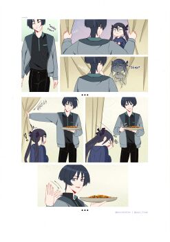  ... 1boy 1girl ^^^ absurdres alternate_costume alternate_universe arms_at_sides arrow_(symbol) artist_name asymmetrical_bangs black_hair black_hood black_hoodie black_pants black_shirt black_sleeves blunt_bangs blunt_ends breast_pocket casual cellphone closed_eyes closed_mouth collar collared_shirt contemporary curtains english_text facing_another facing_viewer food genshin_impact genshinribu green_collar grey_hair grey_jacket grey_sleeves hair_between_eyes hands_up head_tilt highres holding holding_phone holding_plate hood hood_down hoodie jacket left-to-right_manga long_hair long_sleeves looking_at_another mona_(genshin_impact) multicolored_hair nodding open_clothes open_jacket pants parted_bangs parted_lips phone plate pocket scaramouche_(genshin_impact) shirt smartphone smile sound_effects split_mouth streaked_hair twintails undershirt walking waving_hands white_mouth wide-eyed 