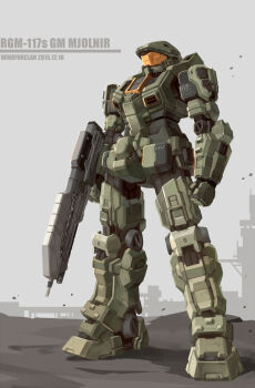  animification gun gundam halo_(game) halo_(series) halo_5:_guardians highres master_chief mecha mechanization no_humans rifle robot spartan_(halo) weapon windforcelan  rating:General score:31 user:danbooru