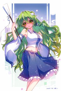  1girl absurdres blue_skirt breasts dated detached_sleeves frilled_skirt frills frog_hair_ornament gohei green_eyes green_hair hair_ornament hair_tubes heng_(heng798616) highres holding holding_gohei kochiya_sanae large_breasts looking_at_viewer midriff navel open_mouth single_hair_tube skirt snake_hair_ornament solo touhou 