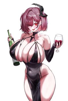  1girl :d absurdres alcohol alternate_costume bare_shoulders between_breasts black_choker black_dress black_gloves black_horns bottle breasts choker cleavage collarbone commentary covered_navel cowboy_shot cup dress drinking_glass earclip elbow_gloves gloves goddess_of_victory:_nikke hair_between_eyes hair_over_one_eye highres holding holding_bottle holding_cup horns huge_breasts looking_at_viewer lower_teeth_only o-ring o-ring_strap one_side_up open_mouth pink_hair red_eyes sidelocks simple_background single_horn sleeveless sleeveless_dress smile solo stainlesspanty standing strap_between_breasts teeth white_background wine wine_bottle wine_glass ziz_(nikke) 