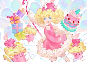  1girl :d arm_up balloon bare_arms bare_legs bare_shoulders birthday_cake_cookie blue_eyes box breasts cake candle_on_head colored_eyelashes commentary cookie_run cookie_run:_ovenbreak cupcake_buddy curly_hair diagonal-striped_dress double_bun dress english_commentary food food-themed_clothes food-themed_creature food_with_face foot_out_of_frame foreshortening frilled_gloves frills gift gift_box gloves hair_bun hand_up highres holding holding_staff humanization icing icing_trim knee_up layer_cake leaning_forward looking_at_viewer open_mouth pink_dress raised_eyebrows simple_background sleeveless sleeveless_dress sleeveless_turtleneck small_breasts smile solo sprinkles staff standing standing_on_one_leg strawberry_icing striped_clothes striped_dress teeth turtleneck turtleneck_dress ultracat w white_background white_eyelashes white_gloves 