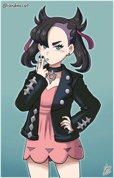  1girl asymmetrical_bangs between_fingers black_choker black_dress black_hair black_nails choker cowboy_shot dress earrings green_eyes hair_ribbon hand_on_own_hip highres holding ian_dimas jewelry lollipop_in_mouth marnie_(pokemon) misleading_thumbnail nintendo pink_dress pokemon pokemon_swsh ribbon signature solo stud_earrings thighs twintails undercut v-shaped_eyebrows 