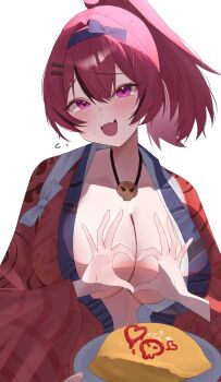  1girl 1other breasts cleavage commentary_request darufui_kh fang food four-finger_heart_hands goddess_of_victory:_nikke hairband heart heart_hands highres huge_breasts japanese_clothes jewelry kimono looking_at_viewer mast_(nikke) mast_(romantic_maid)_(tea_service)_(nikke) necklace official_alternate_costume omelet omurice open_clothes pink_hair pov pov_hands purple_hairband red_kimono short_hair simple_background skin_fang skull_necklace white_background 