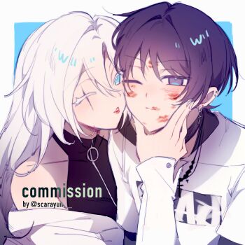  1boy 1girl after_kiss alternate_costume aqua_hair arms_at_sides black_shirt black_sleeves blue_background blue_eyes blue_hair border bright_pupils casual choppy_bangs collarbone colored_eyelashes commission contemporary couple cross cross_earrings ear_piercing earrings fingernails full-length_zipper genshin_impact grey_eyes hair_between_eyes hand_on_another's_face hand_up heads_together hetero highres jacket jewelry layered_sleeves light_blush lipstick lipstick_mark lipstick_mark_on_cheek lipstick_mark_on_face lipstick_mark_on_forehead lipstick_mark_on_lips long_hair long_sleeves looking_at_viewer makeup multicolored_hair o-ring oc_x_canon off_shoulder one_eye_closed original parted_lips piercing purple_hair red_lips scar scar_across_eye scar_on_face scaramouche_(genshin_impact) shirt short_over_long_sleeves short_sleeves silver_earrings single_hair_intake smeared_lipstick streaked_hair tsurime turtleneck turtleneck_shirt undershirt white_border white_eyelashes white_hair white_jacket white_mouth white_pupils white_shirt white_sleeves yunhhj zipper zipper_pull_tab 