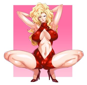  1girl annoyed ass big_hair blonde_hair bodysuit breasts cameltoe center_opening covered_erect_nipples eyeshadow golden_boy high_heels kisuu large_breasts lipstick long_hair makeup navel no_bra onna_shachou red_bodysuit red_footwear solo spread_legs squatting wavy_hair  rating:Questionable score:206 user:animeboy12
