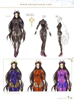  1girl black_hair bodysuit boots braid breasts female_focus fingerless_gloves gloves hair_bun heel_up highres horns large_breasts latex latex_suit leather long_hair luong medium_breasts pale_skin shiny_clothes skin_tight snk_heroines:_tag_team_frenzy socks standing the_king_of_fighters thighs very_long_hair 