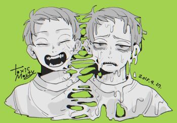  2boys bags_under_eyes character_name clone commentary fangs green_background greyscale_with_colored_background happy male_focus morty_smith multiple_boys neg_50asu open_mouth rick_and_morty sad sharp_teeth shirt slime_(substance) teeth toxic_morty 