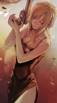  1girl aya_brea bare_shoulders beretta beretta_92 beretta_92f black_dress blonde_hair breasts cleavage closed_mouth collarbone commentary dress gauss_<bokashi gun handgun highres holding holding_gun holding_weapon lips looking_at_viewer parasite_eve_(series) parasite_eve_i side_slit solo spaghetti_strap weapon 