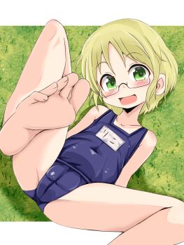  1girl :d bare_legs bare_shoulders barefoot blonde_hair blue_one-piece_swimsuit blush breasts cameltoe collarbone commentary_request covered_navel covered_pussy feet glasses grass green_eyes highres leg_up legs loli looking_at_viewer lying made_in_abyss mitomori name_tag on_back one-piece_swimsuit open_mouth outdoors riko_(made_in_abyss) school_swimsuit short_hair small_breasts smile soles solo swimsuit toes variant_set 